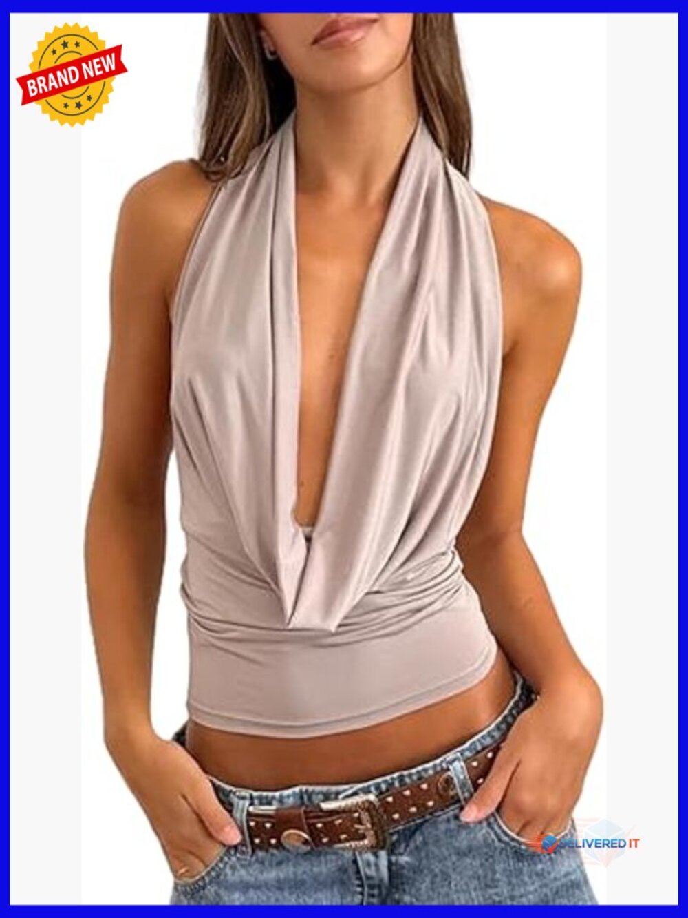Cowl Neck Tank Top Open Back Draped Front Plunge Halter Sleeveless Y2k Going Out